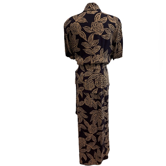 80s 2PC DANA BUCHMAN SILK NAVY & TAN FLORAL FITTED LUXURY TOP & WRAP MAXI SKIRT - Picture 7 of 14